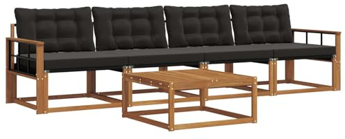 XHNIFBN Outdoor-Sofa-Set 5-teilig, Gartengarnitur aus Akazienholz und Textilene, Lounge-Set für Garten und Terrasse, mit bequemen Kissen, Natürlich und Schwarz