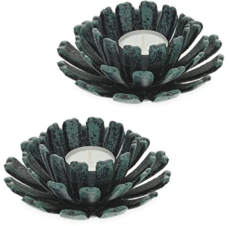 Relaxdays Teelichthalter, 2er Set, Blumenform, grün | Teelichtständer Gusseisen, drinnen & draußen, HxD: 6 x 13,5 cm