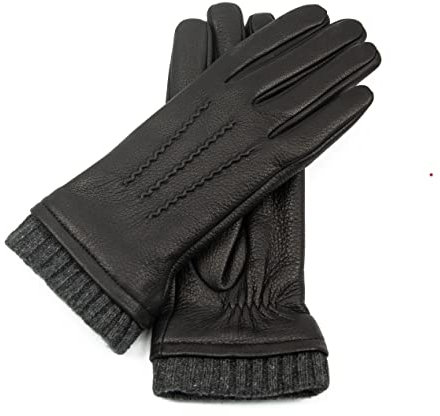 Hand Gewand by Weikert Exklusive Hirschleder Damen Lederhandschuhe mit Kaschmir-Fütterung, lang geschnitten mit Strickstulpe, Sportlicher Look, Hirschlederhandschuhe, warm, gefüttert