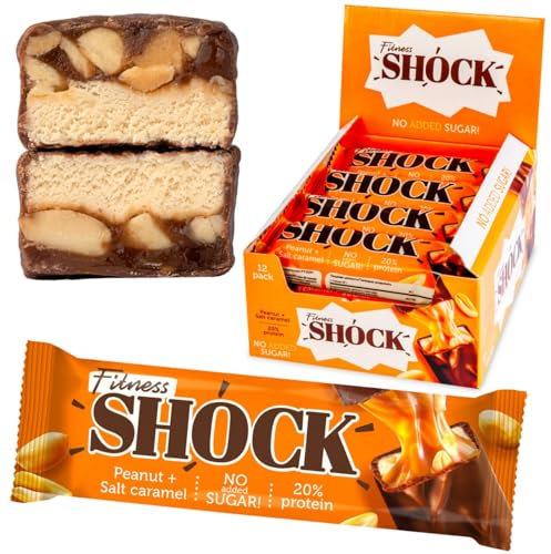 Fitnesshock Protein Bars No Added Sugar, High Fiber Snack – Low Carb, Chocolate-Coated with Real Peanuts | Salted Peanut Caramel | 12x50g
