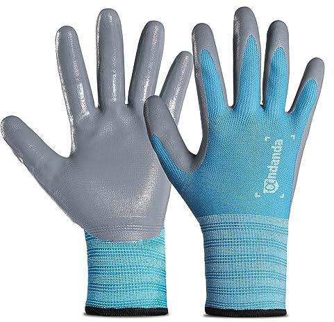 ANDANDA Gants de Jardinage Femme, Gants de Travail en Nitrile, Revêtement Antidérapant, Adhérence, l'Entreposage, la Logistique, l'Assemblage, le Jardin, Bleu, Taille S, 12 Paire
