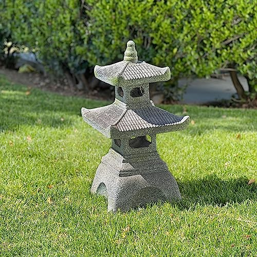 Galt International 2 Tier Pagoda Garden Statue LED Solar Powered Light 26 Tall Outdoor Zen Garden Lantern Landscape Lawn Asian Pagoda Stupa Decor Grey Resin