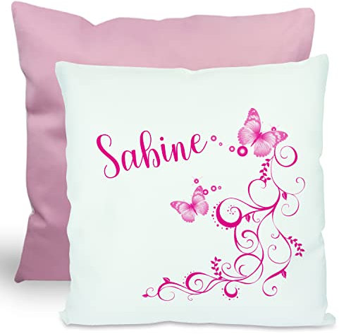 CreaDesign, Kinder Kissen 40x40 cm personalisiert mit Namen, Kinderzimmer Deko Kissen Kinder mit Füllung Federn, Motiv Schmetterling pink, Rückenfarbe Rosa