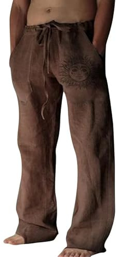 Litthing Pantalones de Lino para Hombre Pantalon de Jogging Algodón Pants Casuales de Verano con Bolsillos Holgados con Cordón Pant Cómodos y Ligeros