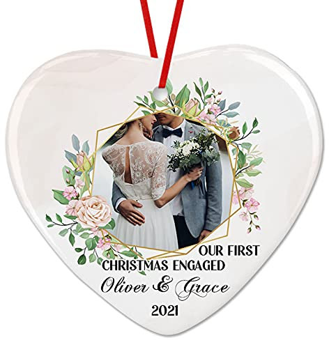 Weihnachtsanhänger Christbaumschmuck Anhänger Keramik Weihnachtsbaumschmuck Weihnachtsdeko Anhänger Personalisiertes Foto-Paar, Unser Erstes Verlobtes Weihnachtsornament, Andenken, Keramik-Herz,