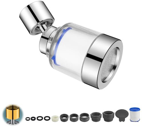 MYLERCT Water Filter Tap, 360° Rotating Tap Filter, with 6 Pieces PP Cotton Filter Element and Universal Adapter for Sink Tap Filter for Sink Kitchen Bathroom