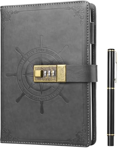 Kesote A5 Diary With Lock Journal With Lock Leather Cover Lined Notebook for Personal Daily Arrangement Journaling Work Record Back to School Supplies—212 Pages (Grey)