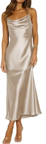 Sommarklänning, satinklänning med spaghettiremmar, draperad halsringning, rygglös midiklänning för damer, rynkad cocktailklänning med elegant knytband och låg rygg, Champagne, M