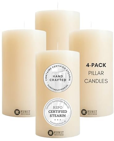 Kunstindustrien® Pillar Candles, Handmade, RSPO Certified, Dripless & Smokeless Church Candles, White Candles Long Burning 70 Hours per Candle, Unscented Candle Gift Set, 4 pcs. 7 x 12cm (Off-White)