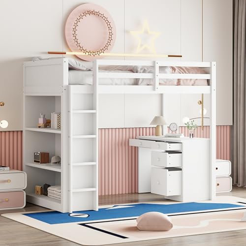KUAKE Hochbett mit Schreibtisch und Schrank, Kinderbett 90x200 cm - Tisch mit 4 Stauraum, Etagenbett, Kinder Bett mit Lattenrost, Weiß,ohne Matratze ﻿ (Weiß)