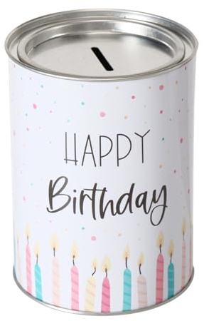 ReWu Spardose Sparschwein mit Schriftzug Happy Birthday und Kerzen - Deckel Abnehmbar - Wiederverwendbar Metall Sparbüchse Geldgeschenk Geschenkidee Geldspardose Metallspardose 14 x 10 cm - Weiß