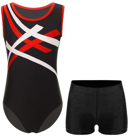 Jowowha Kinder Ballettanzug Jungen Gymnastikanzug Turnanzug Ärmellos Body mit Shorts Ballett Trikot Leotard Sportbody Overall Gym Sportwear Rot&Schwarz 158-164