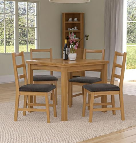 Hallowood Furniture Waverly Oak Extendable Dining Table and Chairs Set 4, Rectangular Small Kitchen Table and Chairs with Ladder Back and Charcoal Grey Fabric Padded Seats for Home and Café