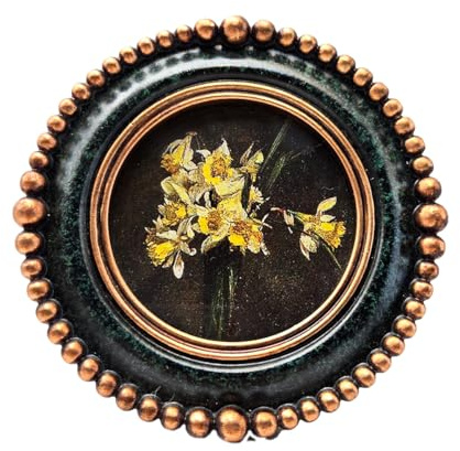 SYLVIA'S SHOP Kleiner runder Vintage-Bilderrahmen, 7,6 x 7,6 cm, Mini-Bilderrahmen, antikes schwarzgrünes verziertes Kreis, für Tischplatte und Wand, Retro-Heimdekoration, altmodische