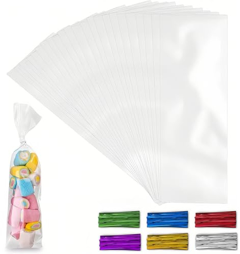 10x15cm Cellophantüten klar 100 Stück Süßigkeiten Tütchen Transparent Plastiktüten mit 100 Metallischen Bindebaender für Kindergeburtstag, Geschenke Giveway Bäckerei Snacks Keks