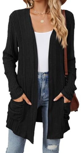 GRMLRPT Cárdigan Largo Mujer Manga Larga de Punto Chaqueta Ligera Frente Abierto Jersey Cárdigans Ropa Elegante de Suéteres Largos con Bolsillos(Negro,L)