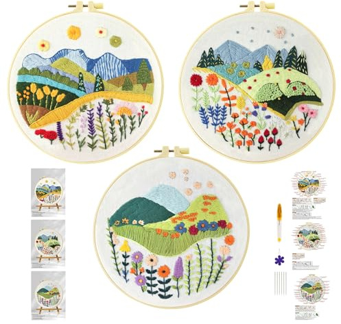 Xinpinzhou 3 st broderikit för nybörjare, blommande växter, mönster för broderiset för halvstygn, korsstygn, handtryckt halvpunktsbroderisats, broderikit