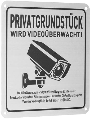 QUARKZMAN Achtung Videoüberwachung Schild 15 x 15 cm Aluminium Warnschild | Hinweisschilder, Privatgrundstück, Selbstklebend, Mit Bohrlöcher, Rostfrei, Für Überwachung Kamera Attrappe