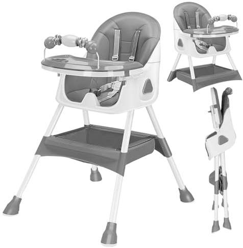 UBRAVOO Trona Bebé 3 en 1, Silla de Comedor Portátil Convertible con Arnés de 5 Puntos, Doble Bandeja para Comida y Estantes para Juguetes (gris-03)