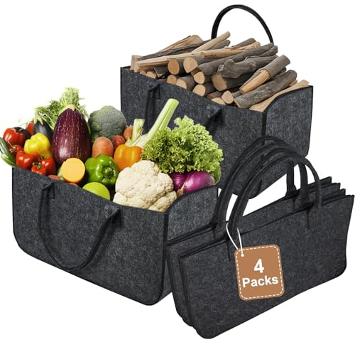 Filztasche 4er Set – Große Filzkorb Taschen aus langlebigem Filz, 50x25cm, vielseitig als Kaminholzkorb, Einkaufstasche & Aufbewahrung, 30L Volumen, Schwarz