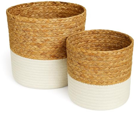 Lot de 2 paniers de rangement en jacinthe d'eau et coton, paniers de rangement tressés pour salle de bain, chambre d'enfant, salon, panier à plantes, paniers de rangement décoratifs pour espace de