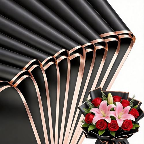 20 Hojas de Papel de Regalo para Ramos de Flores, Material Impermeable para Presentaciones y Manualidades, Hojas de Embalaje Decorativo (Negro, Borde de Oro Rosa)