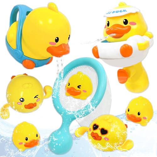 VBACALA 10 Piezas Juguetes de Baño ,Juguetes Piscina Bebe para Menores de 3 Años,Pequeños Juguetes de Pato Amarillo,con Redes de Pesca,Regalos para Niños y Niñas