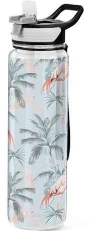 Mnsruu Bouteille d'eau de 1 l avec paille - Motif flamants roses et palmiers - Anti-fuite - Sans BPA - Pour homme, femme, enfant