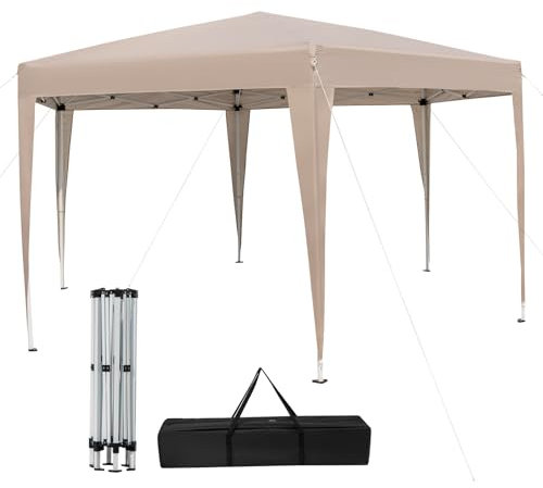 COSTWAY Tonnelle de Jardin Hexagonale Pop-Up 400 x 348 cm, Tente Réception avec Hauteur Réglable Jambes Habillées Sac de Transport, Installation Facile pour Fête Camping BBQ, Kaki