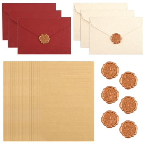 Briefpapier mit Umschlag, 20 Vintage Briefpapier mit 6 Umschlag(Rot, Weiß) | Selbstklebend Wachssiegel-aufkleber, Vintage Papier mit Linien, Briefumschlag Briefpapier für Einladung Liebesbrief