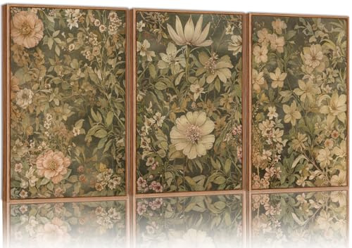 SIGNINART Vintage Floral Framed Canvas Wall Art Set of 3, Mid Century Modern Wildflower Wall Decor, Neutral Botanical Artwork, Retro Plant Art Prints for Bedroom, Living Room, Office 24x36