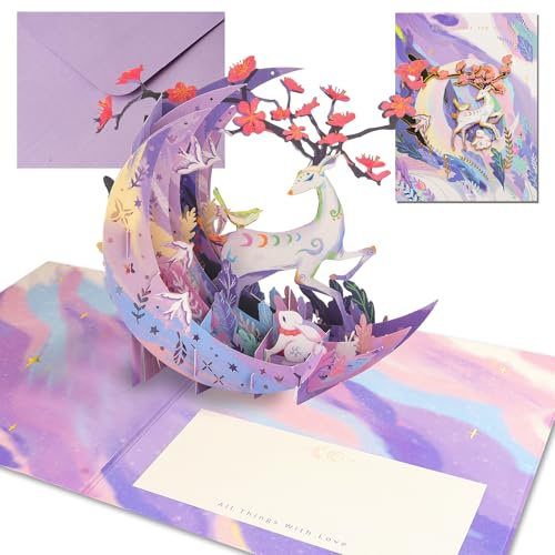 Cheynn Pop-Up Karte, Exquisite 3D Geschenkkarte Mond Hirsch Hase Hochzeitskarte Pop Up Geburtstagskarte mit Umschlag für Muttertag Hochzeit Geburtstage Jubiläen Frau Mutter Partnerin Mädchen