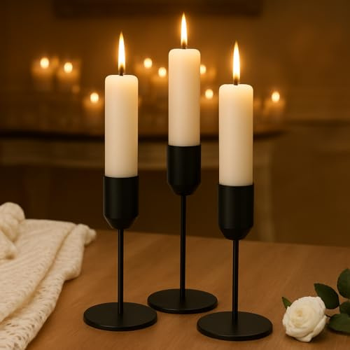 Alcohu 3er Set Schwarze Kerzenständer Aus Metall – Minimalistische Stabkerzenhalter für Esstisch, Kamin & Wohnzimmer,Elegante Tischdeko für Hochzeit, Dinner, Passend für Standard-Stabkerzen (Ø 2,2 cm)