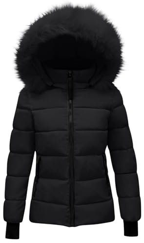 Slxbear Winter Puffer Coats for Kids Quilted Thicken Warm Ski Jacket Faux Fur Lined Hooded Comfy Down Jackets Windproof Hooded Fleece Lined Jacket with Pockets Black 13-14 Years