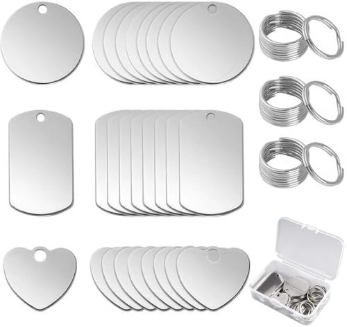 24 Stück Edelstahl Anhänger Blanko, Rund/rechteckig/herzförmig Stanzen Rohlinge Hundemarken, Dog Tags Schlüsselanhänger Blanko Metall Geeignet zum Stempeln und Gravieren für DIY-Halskettenanhänger