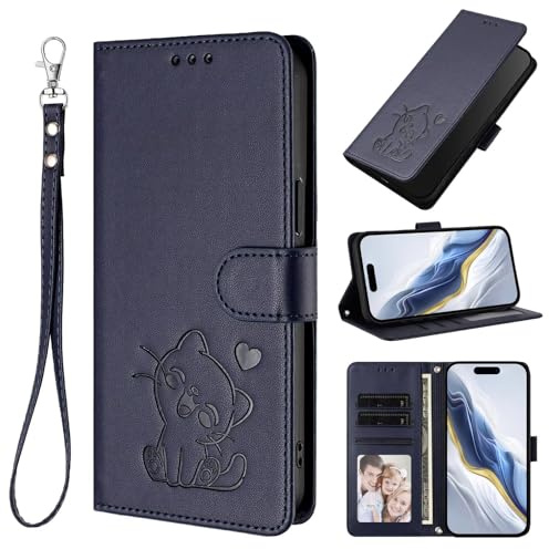 för Cricket Debut S3-fodral, flip PU-läder präglad katt stöttåligt bokplånbok fodral med stativ magnetisk folio TPU stötfångare gel skyddande telefonskydd för cricket debut S3 blå