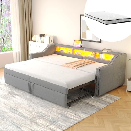 Arhatreya Bäddsoffa 90/180 x 200 cm, stoppad säng med förvaringsfack, soffa med utdragbar säng, dagsäng med LED-ljus och USB-uttag, säng med madrass för gästrum, linne, ljusgrå