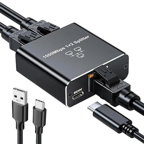 Switch Ethernet 1 à 2 1000 Mbps RJ45 Splitter 2 Port, Gigabit Répartiteur RJ45 1 à 2 LAN Splitter avec Alimentation USB-C pour Ordinateurs Hub Commutateurs Routeurs Télévision Numérique