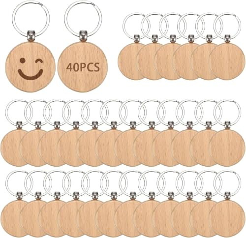 40 Stück Schlüsselanhänger Holz, Ø 4cm Schlüsselanhänger Holz Rund, Personalisierte Runde Leer Rohling, Schlüsselanhanger Holzen Rohling für DIY, Dekoration, Geschenke, Schlüsselbund, Malerei (40)