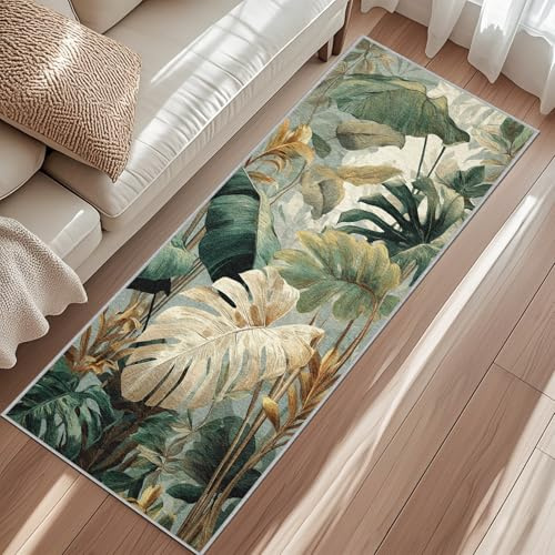 Monstera Hallway Runner Rug, Tropical Leaves Plant Carpet Runner 50 x 150 cm, Non Slip Washable Long Indoor Rug for Kitchen, Entryway, Bedroom, Laundry Room
