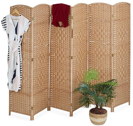 Relaxdays Paravent rumsavdelare, HxB: 170 x 240 cm, vikbar rymdavdelare, 6-delat insynsskydd, trä, pappersrep, natur