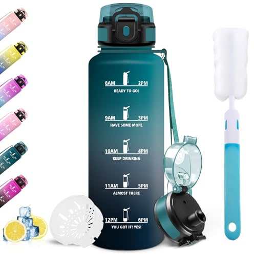 Mulbijeo Gourde 1.5L, Sans BPA, Gourde de Sport Étanche avec Repères Horaires, Brosse pour Bouteille, Réutilisable, pour Course, Vélo, Gym, Camping