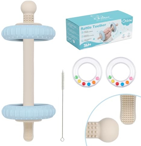 Orzbow Silicone Teething Toys for Baby, Blue | Baby Teething Toy with Baby Rattle, Soothing Teethers for Babies 3-6 Months, Baby Sensory Toys 0 6 Months, Newborn Gifts