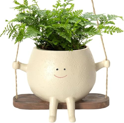 Maceta colgante de cara sonriente, maceta oscilante para exteriores, maceta de resina con cara sonriente, maceta suculenta sentada para decoración interior y exterior, regalo caprichoso de jardín para