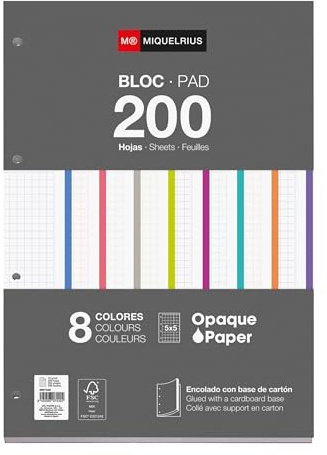 Miquelrius - Limblock A4 refill, 200 ark rutat 5x5 mm, Papper 70 g/m², Hålat papper för pärm, 8 färger, Skolmaterial