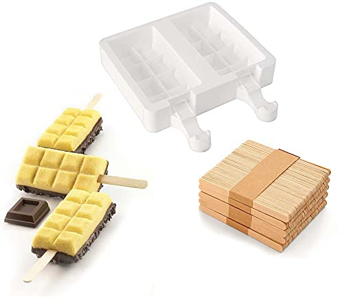 silikomart | Silicone Ice Cream Mould Set GEL02 CHOCOSTICK, Composición del set 2 Moldes de silicona, 50 Palitos de madera para alimentos, 1 Recetario, Antiadherente, Helado fácil, 92 x 48 mm, h 24 mm, Volumen 180 ml, Made in Italy