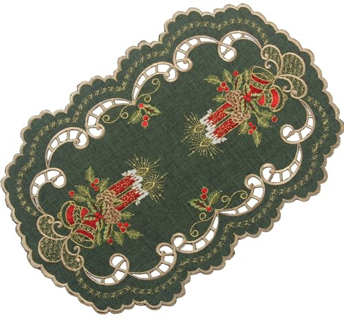 HanaQi Dunkel-Grün Weihnachten Tisch-Deckchen Tischläufer Leinen-Optik mit Rot Kerzen Stickerei (ca. 30 x 45 cm)