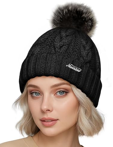 Neverless® Damen Strickmütze mit Pompom Zopfstrickmuster Bommelmütze gefüttert mit Fleece Wintermütze Model 1979
