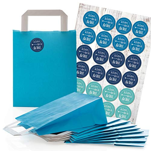 Logbuch-Verlag 24 blaue Gäste Geschenk Taschen 18 x 8 x 22 cm + Aufkleber türkis SCHÖN DASS DU DA BIST - Geschenktüte Verpackung