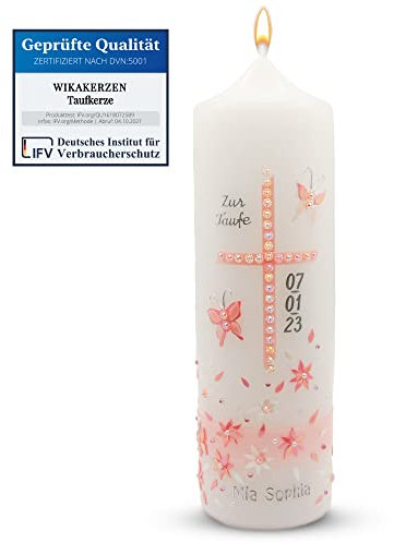 WikaKerzen Taufkerze Kommunionkerze 25x8 cm für Mädchen Rosa Blümchen mit schmetterling und Kreuz, Taufe Kerze, 100% Handmade jede einzelne Motiv wird in Handarbeit angefertigt